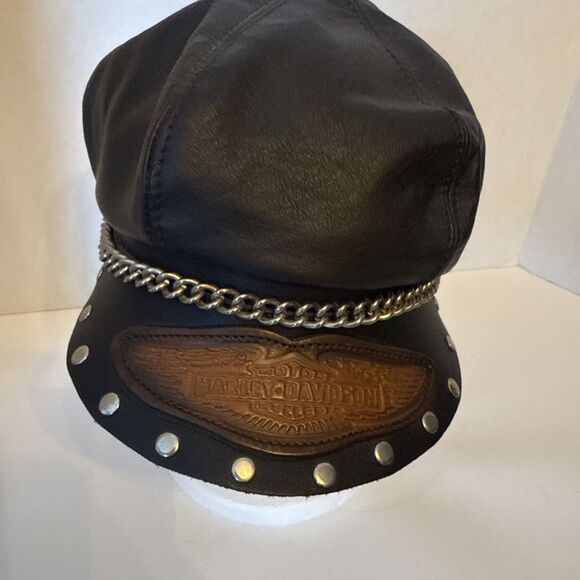 VTG Embossed Harley Davidson USA Made Black Leather Captain Biker Hat Chain - Picture 1 of 9